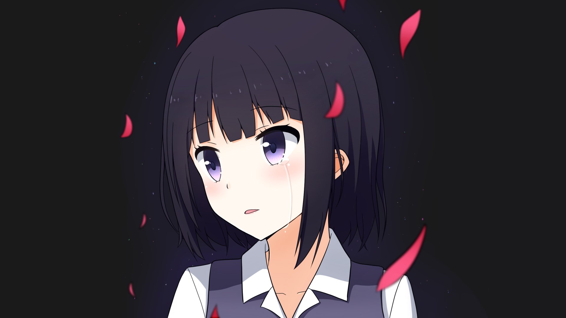 A close-up of Hanabi Yasuraoka from Kuzu no Honkai, framed by swirling petals against a dark background, capturing a moment of introspection in this HD anime wallpaper.