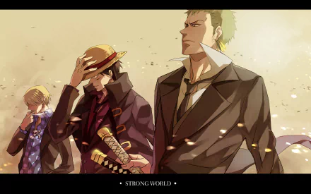 HD desktop wallpaper featuring Roronoa Zoro, Sanji, and Monkey D. Luffy from the anime One Piece. The trio is depicted in stylish attire, with the backdrop exuding a dramatic, action-packed vibe.