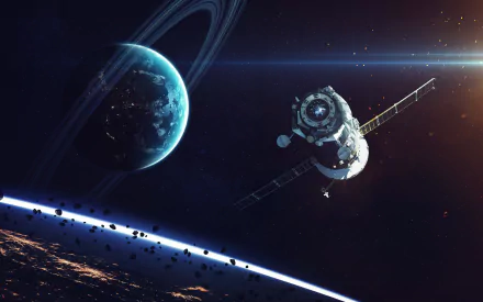 HD Sci-Fi wallpaper of a satellite orbiting near a planet with stunning rings and floating debris, bathed in space light.