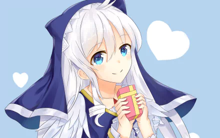 Eris from KonoSuba smiles while holding a small gift, set against a soft blue background with heart accents. A charming HD wallpaper for fans of KonoSuba - God’s Blessing on this Wonderful World!!
