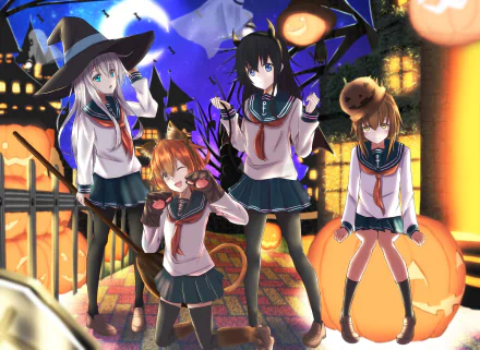 HD anime wallpaper featuring Inazuma, Ikazuchi, Hibiki, and Akatsuki from Kantai Collection in Halloween-themed outfits on a vibrant night background.