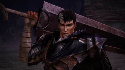 4K Ultra HD PC wallpaper featuring Guts from the Berserk video game, clad in dark armor and holding a massive sword, representing the Band of the Hawk.