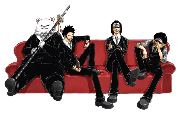 A HD desktop wallpaper featuring Bepo and Trafalgar Law from the anime One Piece, relaxing on a red sofa with their crew members.