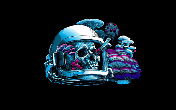 HD desktop wallpaper featuring a sci-fi scene with a skeleton in an astronaut helmet surrounded by blue mushrooms.