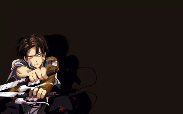 A dynamic 4K Ultra HD wallpaper featuring Levi Ackerman from the anime Attack on Titan, showcasing his intense expression and signature weaponry against a dark background.