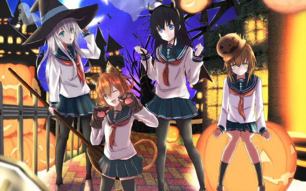 HD anime wallpaper featuring Inazuma, Ikazuchi, Hibiki, and Akatsuki from Kantai Collection in Halloween-themed outfits on a vibrant night background.