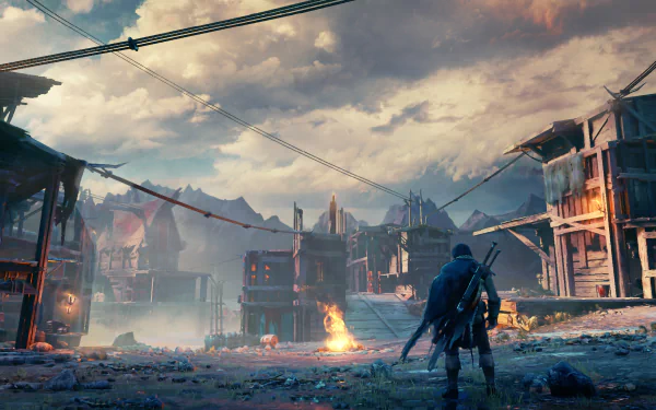 4K Ultra HD desktop wallpaper from the video game Middle-earth: Shadow of Mordor, featuring a lone warrior in a ruined settlement under a dramatic sky.
