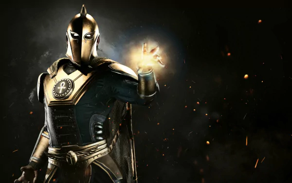 HD desktop wallpaper of Doctor Fate from the video game Injustice 2, showcasing the character in his iconic golden armor with mystical energy emanating from his hand.