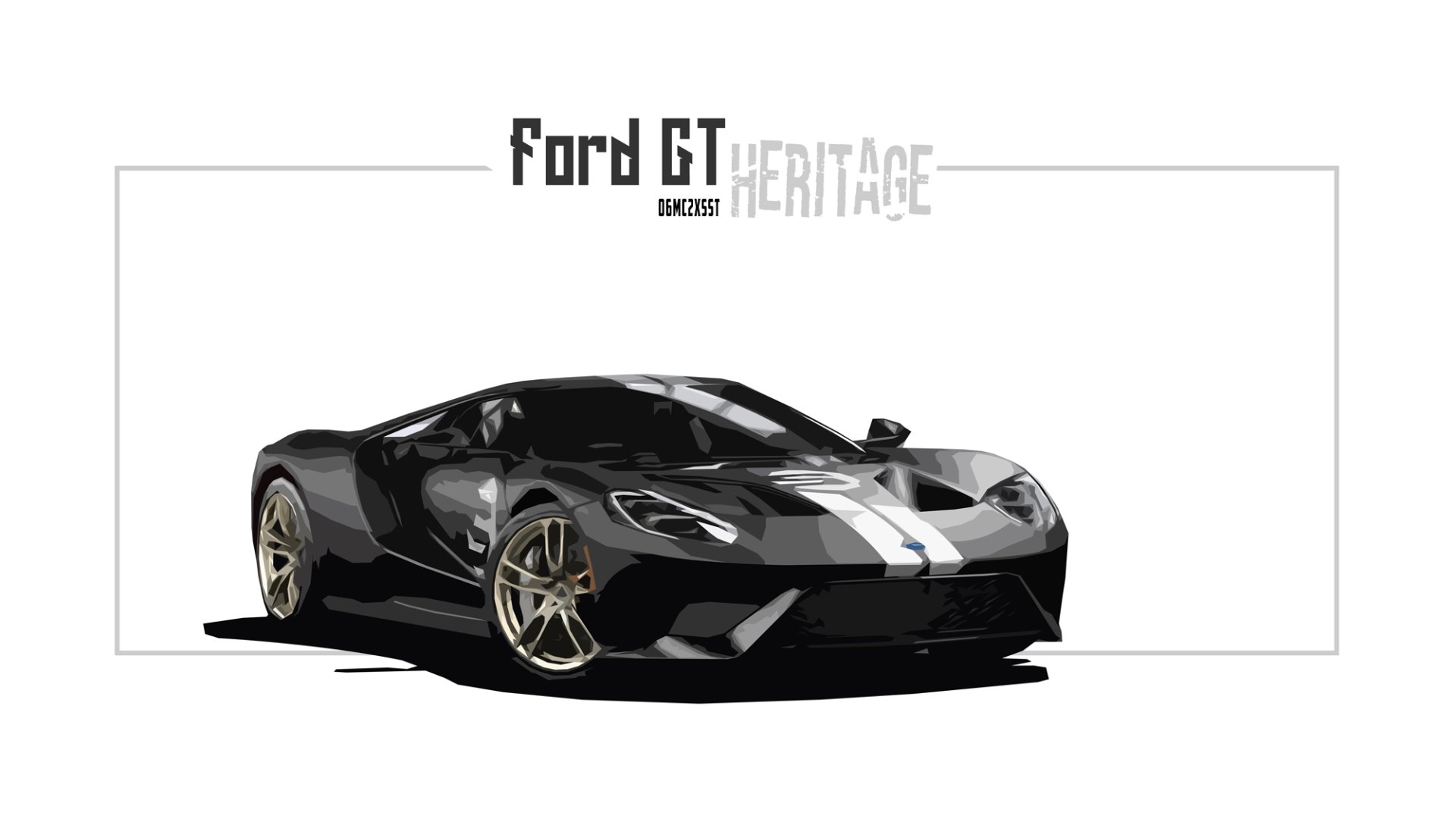 Black and white HD desktop wallpaper featuring a sleek Ford GT Heritage Edition car, with bold lines and striking details. The background is minimalist, focusing attention on the vehicle's design.
