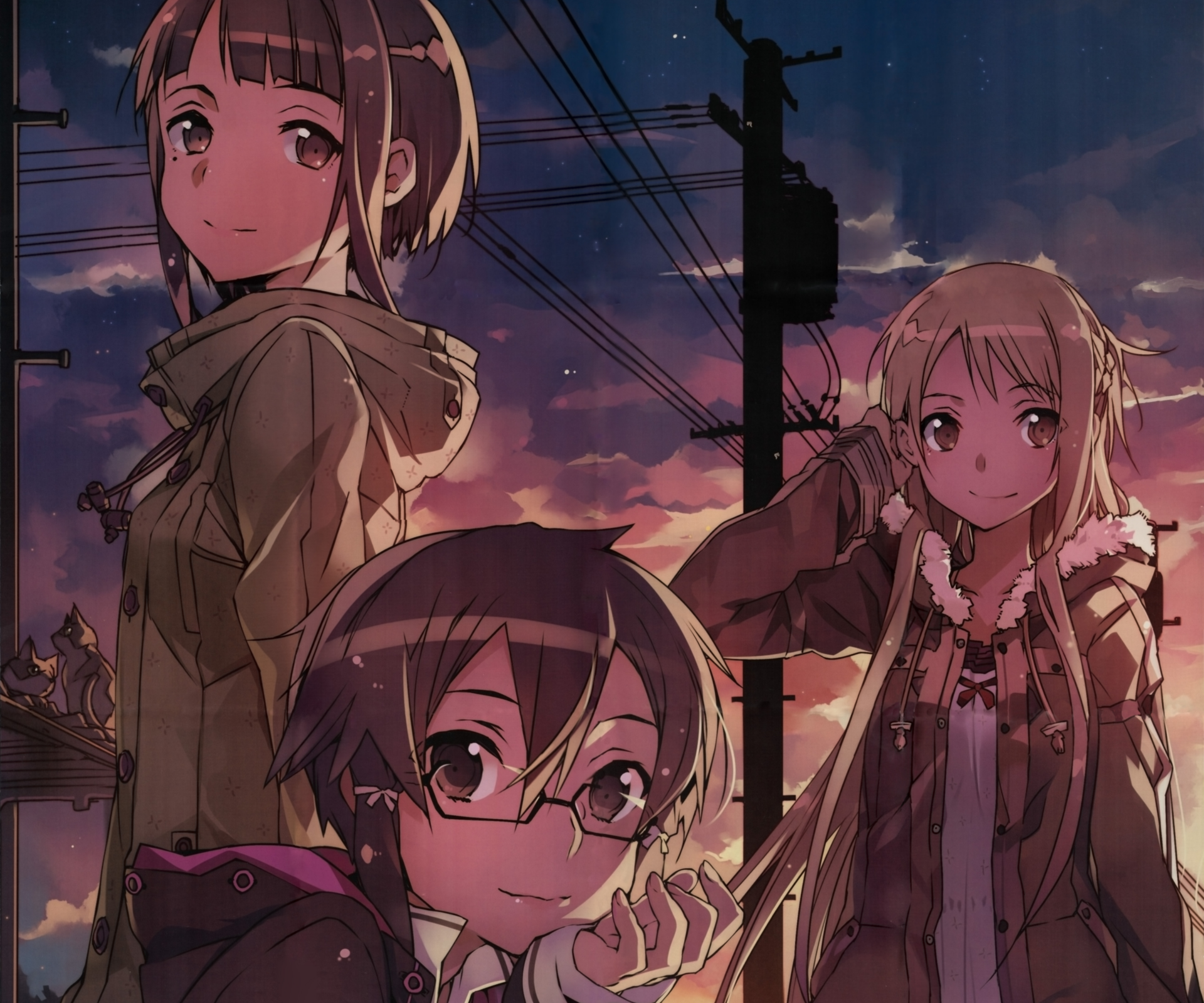 5K Ultra HD wallpaper of Shino Asada (Sinon), Sachi, and Asuna Yuuki from Sword Art Online II standing in a dusk cityscape, bundled in coats under a purple‑orange sky.