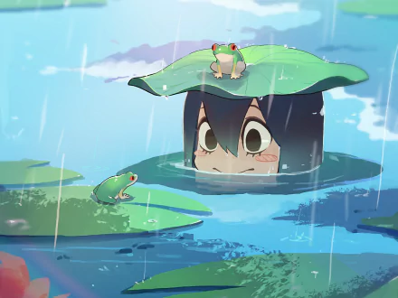 Anime character Tsuyu Asui from My Hero Academia peeks out of water with frogs and lily pads around her in a rainy scene. HD desktop wallpaper and background.