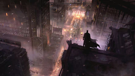 HD desktop wallpaper of Batman overlooking a misty, illuminated cityscape from a rooftop, reflecting the dark, atmospheric tone of DC Comics.