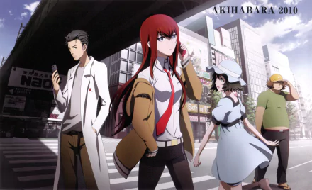 HD desktop wallpaper featuring Steins;Gate characters Itaru Hashida, Mayuri Shiina, Rintaro Okabe, and Kurisu Makise in Akihabara, 2010.