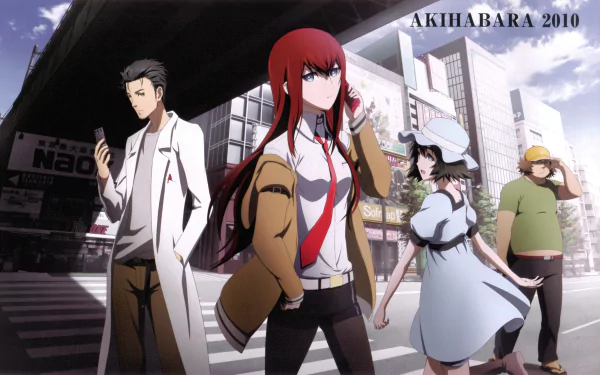 HD desktop wallpaper featuring Steins;Gate characters Itaru Hashida, Mayuri Shiina, Rintaro Okabe, and Kurisu Makise in Akihabara, 2010.