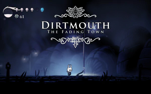 4K Ultra HD PC desktop wallpaper featuring a scene from the video game Hollow Knight titled Dirtmouth: The Fading Town with moody, dark blue tones.