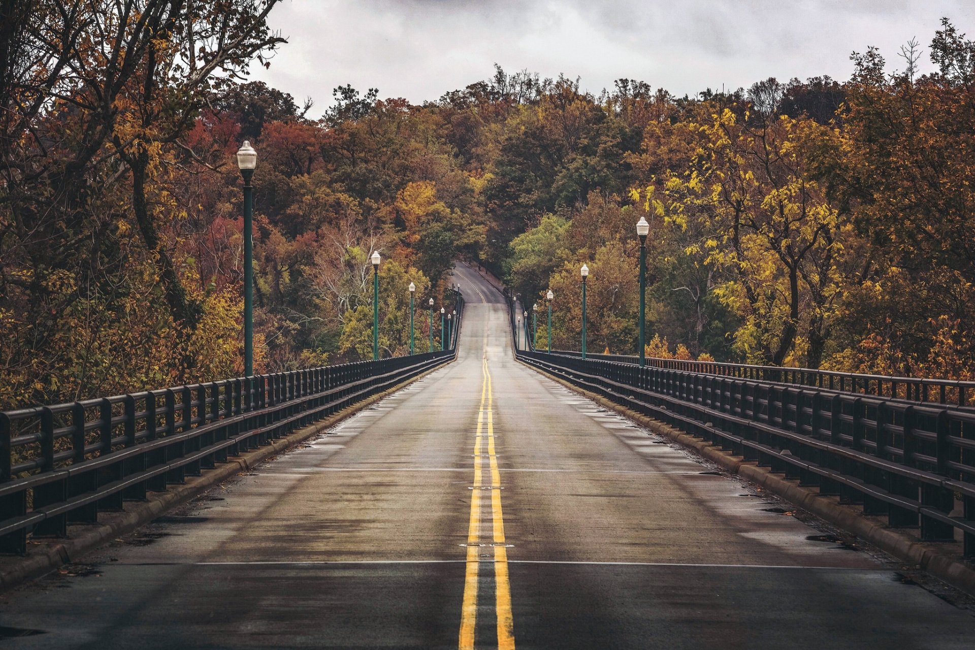 HD PC desktop wallpaper showing a wet road and man-made bridge lined with lamp posts through a fall forest, yellow centerlines leading into colorful autumn trees.