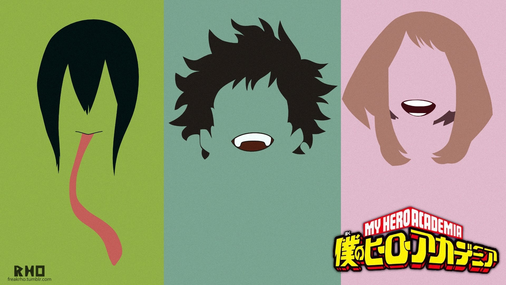 Anime / My Hero Academia HD PC desktop wallpaper background: minimalist trio of stylized faces across green, teal, and pink panels—one with a long tongue, one tousled, one smiling.