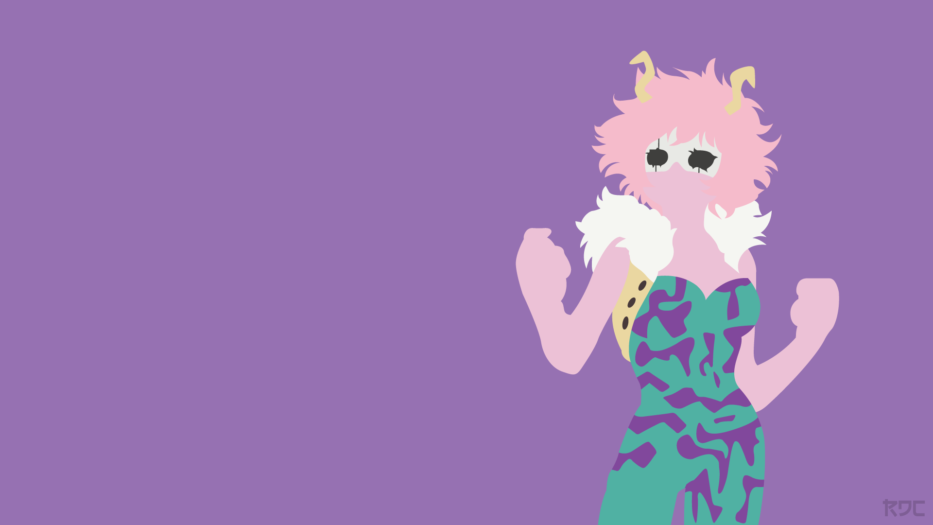 Anime My Hero Academia 4K Ultra HD PC desktop wallpaper: pink-skinned hero Mina Ashido in a green patterned dress with fluffy hair against a solid lavender background.