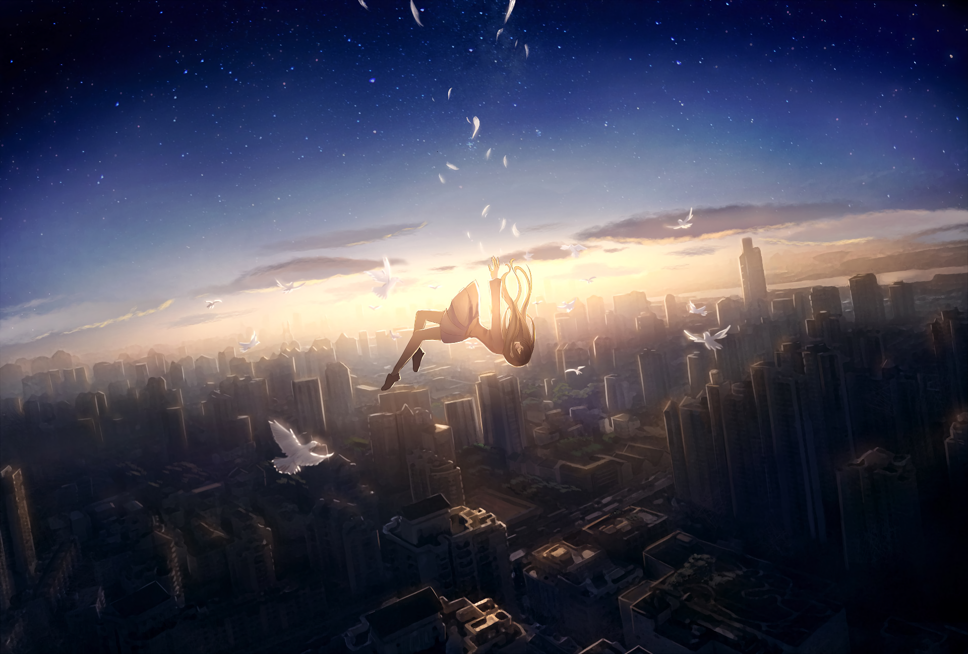 An anime-inspired HD wallpaper featuring a sunset sky above a sprawling cityscape, with a figure floating and doves flying in the serene atmosphere.