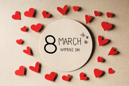 4K Ultra HD desktop wallpaper featuring a circular card with 8 March Women's Day surrounded by scattered red hearts, celebrating the holiday with a warm, heartfelt design.