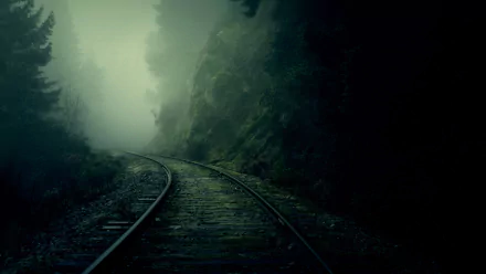 HD PC desktop wallpaper/background: moody railroad track curving into fog through pine forest, cinematic movie-style scene referencing Predestination.