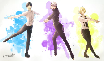 HD desktop wallpaper of Yuri Plisetsky, Yuuri Katsuki, and Victor Nikiforov from the anime Yuri!!! on ICE. Each character is depicted in a skating pose with vibrant colored backgrounds.