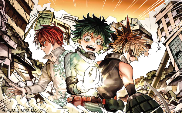 HD desktop wallpaper featuring Shoto Todoroki, Izuku Midoriya, and Katsuki Bakugou from the anime My Hero Academia amidst a backdrop of destruction and crumbling buildings.