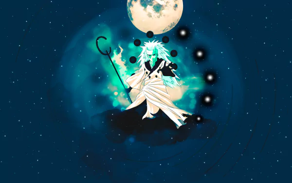 HD wallpaper of Madara Uchiha from the anime Naruto, featuring a mystical, luminous design with a moon in the background.
