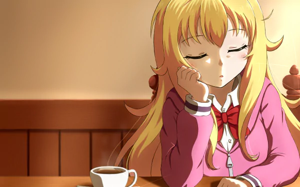 HD PC desktop wallpaper featuring Gabriel Tenma White from the anime Gabriel DropOut, shown with closed eyes and resting on her hand beside a cup of coffee.