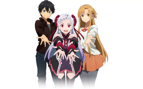 HD desktop wallpaper featuring Kazuto Kirigaya (Kirito), Asuna Yuuki, and Yuna from Sword Art Online: Ordinal Scale. The characters are shown together, extending their hands forward.