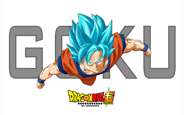 HD desktop wallpaper featuring Super Saiyan Blue Goku from Dragon Ball Super, flying forward with intense focus against a white background with GOKU text and Dragon Ball Super logo.
