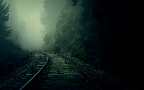 HD PC desktop wallpaper/background: moody railroad track curving into fog through pine forest, cinematic movie-style scene referencing Predestination.