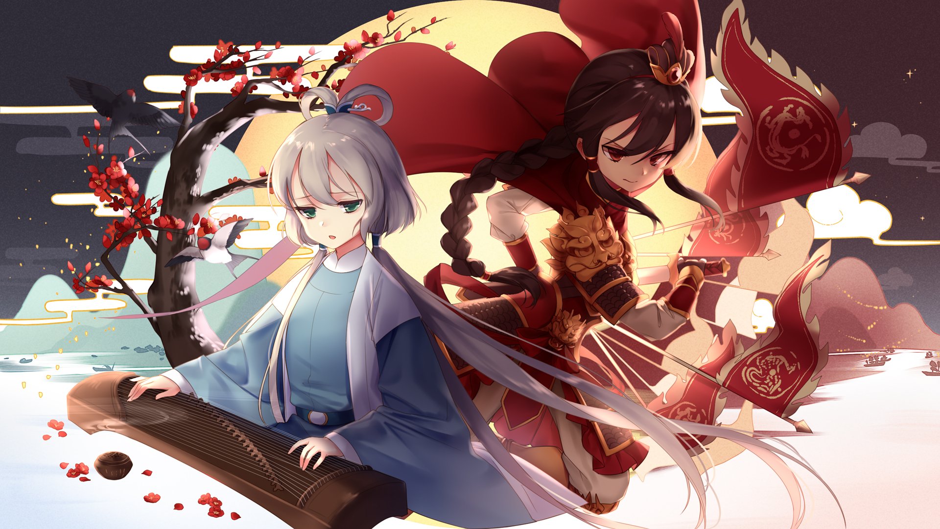 HD PC desktop wallpaper of anime Vocaloid duo Yuezheng Ling and Luo Tianyi: Ling on a guqin in blue, Tianyi in red warrior attire amid swirling blossoms.