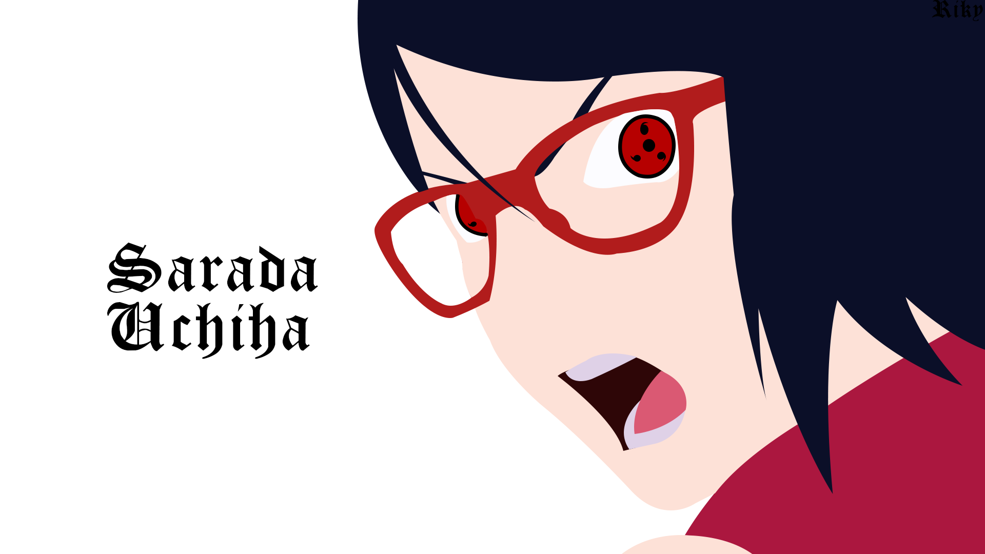 HD PC desktop wallpaper featuring Sarada Uchiha from the anime Boruto, showcasing her red glasses and Sharingan eye in a bold, stylized design.