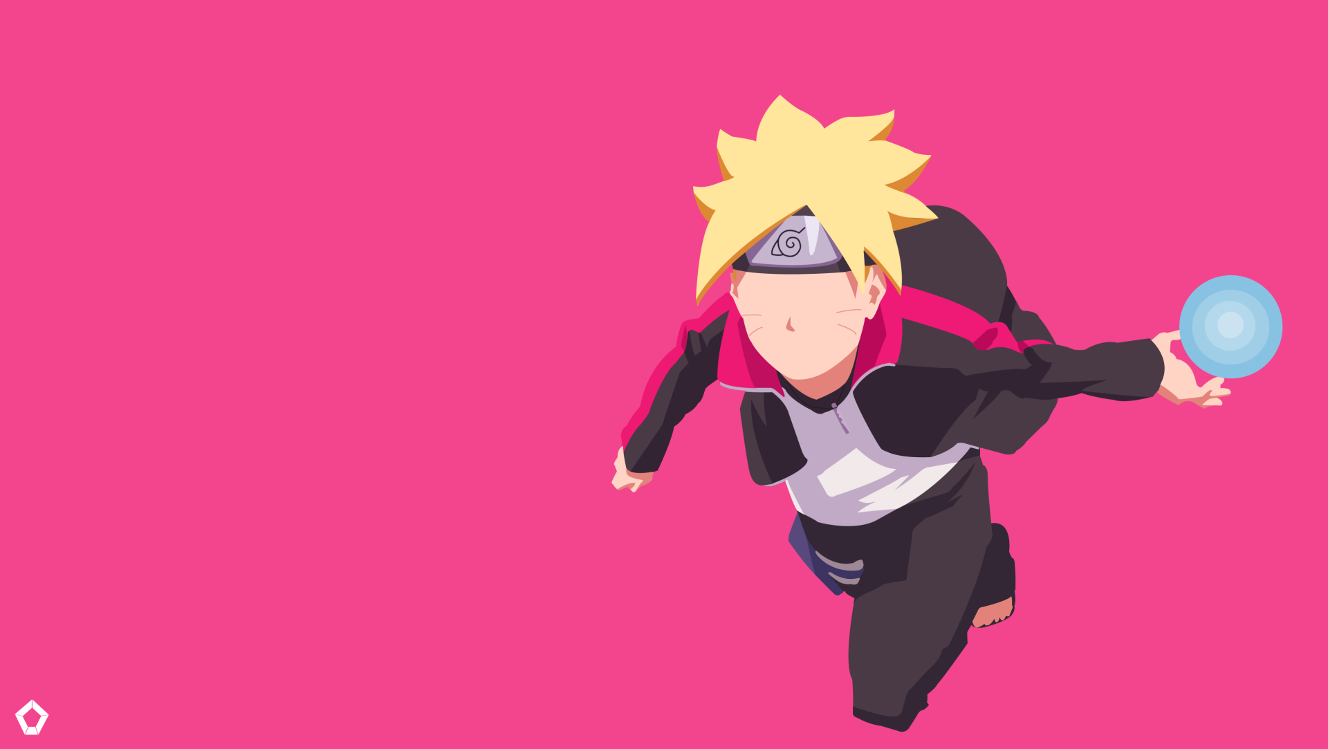 HD desktop wallpaper featuring anime character Boruto Uzumaki against a vibrant pink background, showcasing a dynamic action pose.