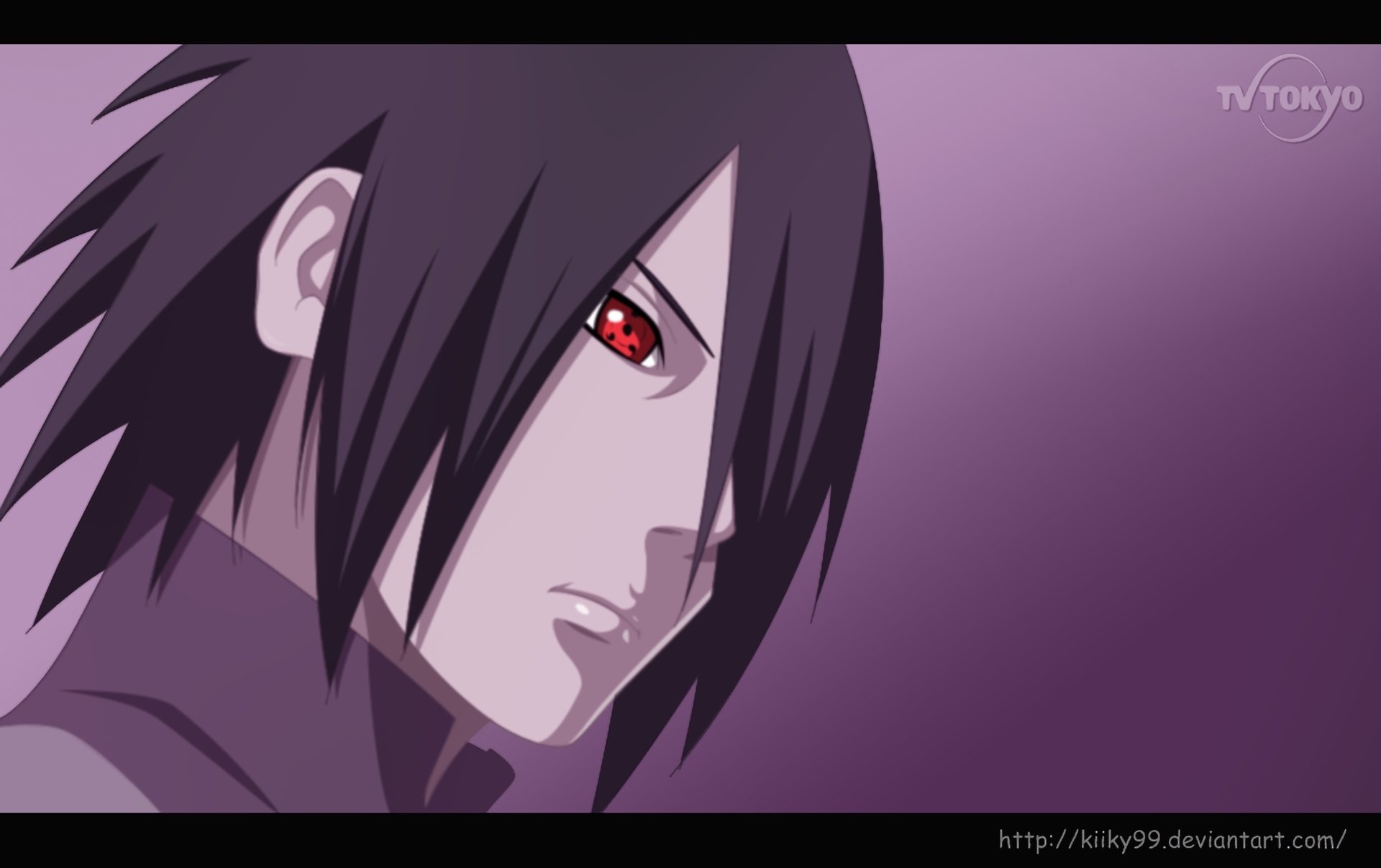 High-definition desktop wallpaper featuring Sasuke Uchiha from the anime Boruto, showcasing his iconic look and intense expression against a purple background.