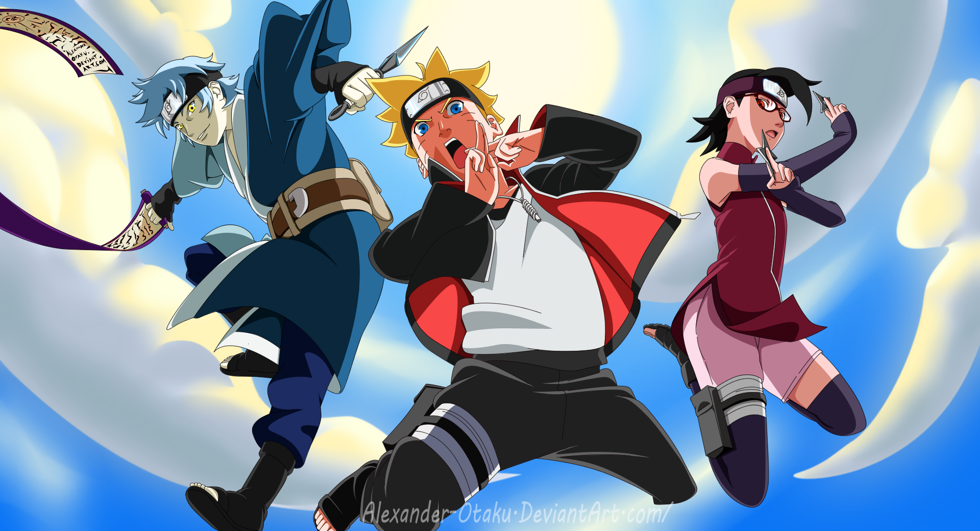 HD desktop wallpaper featuring Mitsuki, Boruto Uzumaki, and Sarada Uchiha from the anime Boruto in dynamic action poses against a vibrant sky background.