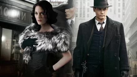 HD desktop wallpaper of two 1930s-era figures: a glamorous woman in a fur stole and a fedora-clad man in a coat, posed against a city backdrop in a Public Enemies film-poster style.