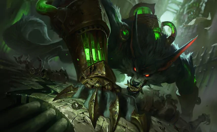 HD desktop wallpaper featuring Warwick, a character from the video game League of Legends, depicted in a menacing pose with sharp claws in a dark, industrial setting.