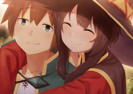 A vibrant HD desktop wallpaper featuring Kazuma Satou and Megumin from the anime series KonoSuba: God’s Blessing on This Wonderful World!!. Both characters are smiling warmly, creating a cheerful and cozy atmosphere.