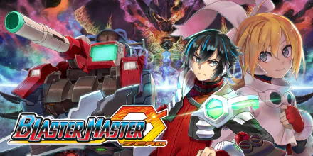 HD desktop wallpaper featuring characters and a tank from Blaster Master Zero, with a dynamic, colorful background.