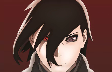 HD desktop wallpaper featuring Sasuke Uchiha from the anime Boruto, showcasing his intense gaze and distinctive eye design against a dark background.