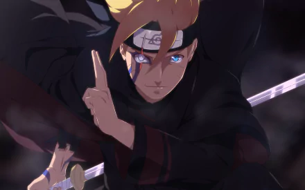 HD desktop wallpaper of Boruto Uzumaki from the anime Boruto, showcasing a dynamic and intense look with vibrant details and a dramatic background.