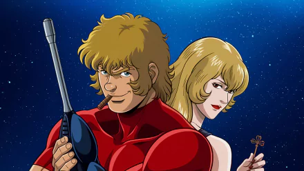 HD PC desktop wallpaper of Cobra the Animation: muscular blond man in a red suit holding a gun-like device, back-to-back with a blonde woman against a starry space sky.