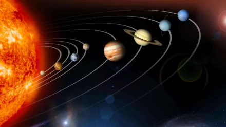 HD desktop wallpaper featuring the planets of the Solar System orbiting the Sun, inspired by the TV Show A Traveler's Guide to the Planets.