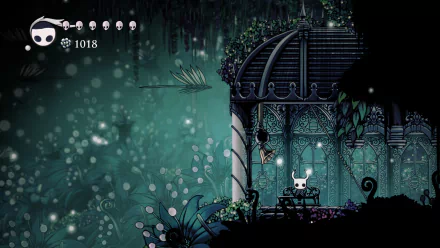 A 4K Ultra HD PC desktop wallpaper featuring a serene, dark forest scene from the video game Hollow Knight, with the character standing near an ornate gazebo.