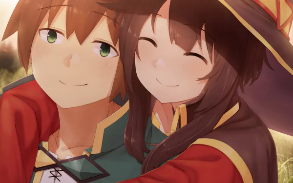A vibrant HD desktop wallpaper featuring Kazuma Satou and Megumin from the anime series KonoSuba: God’s Blessing on This Wonderful World!!. Both characters are smiling warmly, creating a cheerful and cozy atmosphere.