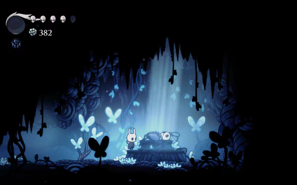 4K Ultra HD PC wallpaper featuring a serene Hollow Knight scene with the main character resting near glowing blue butterflies in a dark, cavernous environment.