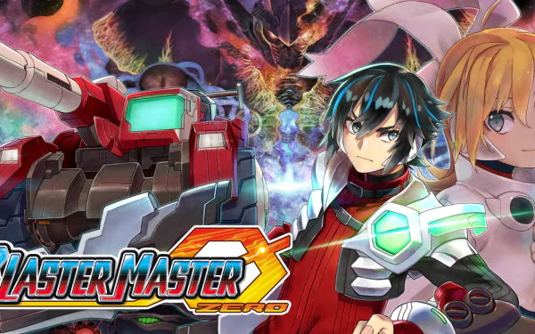 HD desktop wallpaper featuring characters and a tank from Blaster Master Zero, with a dynamic, colorful background.