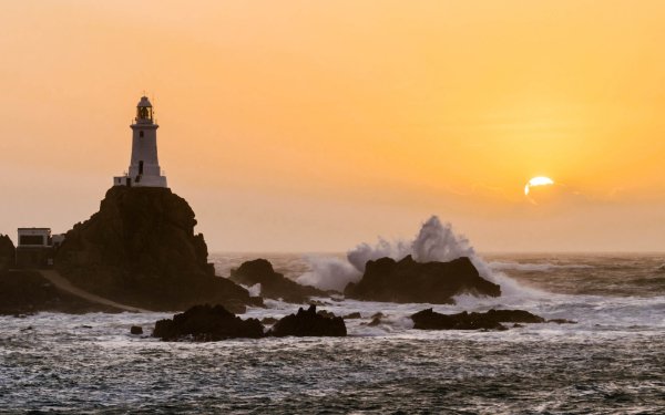 Man Made Lighthouse Sunset Ocean Horizon Building Wave HD Wallpaper | Background Image
